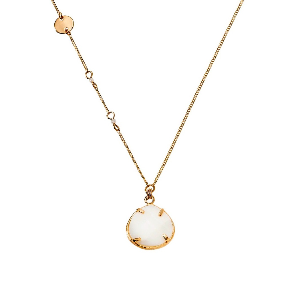 Woman's long faceted pendant, chain necklace with simulated pearls